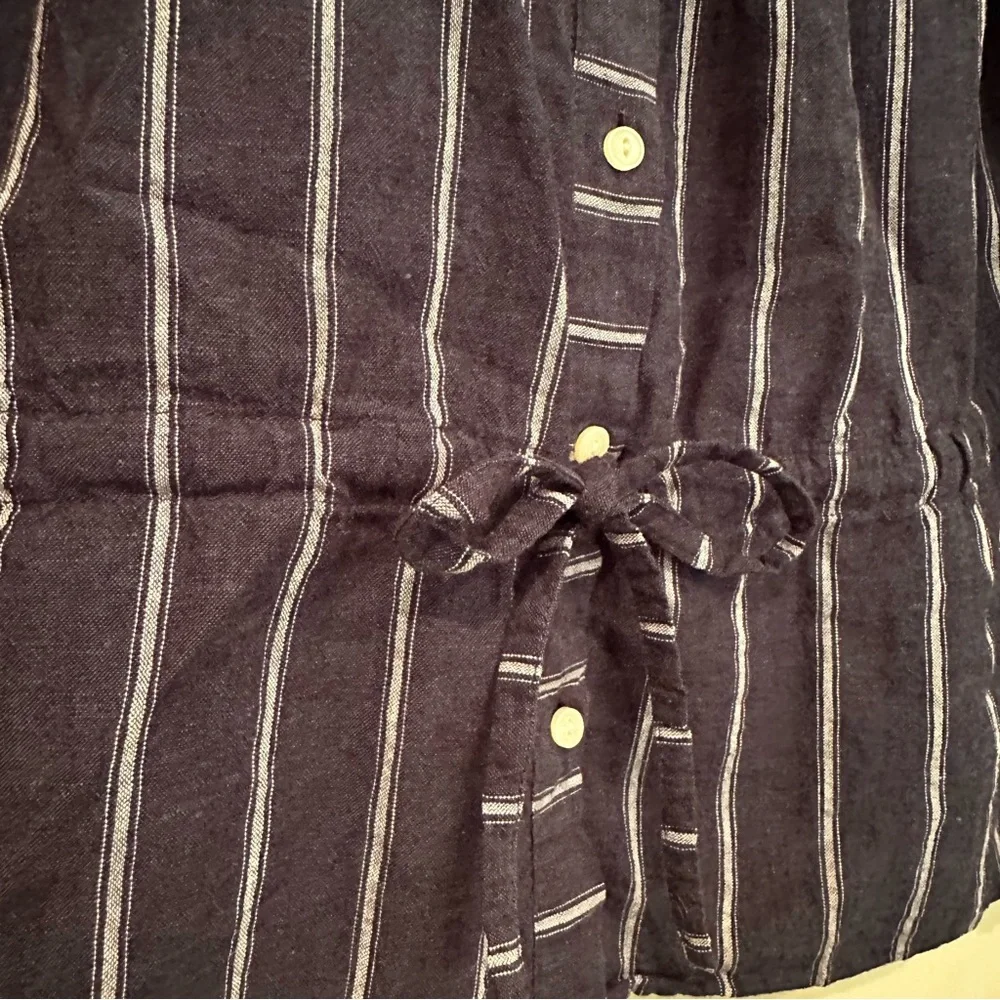 J. Crew Tie Waist Linen Blend Striped Gauze Top Blouse Women's‎ 8 Navy Casual